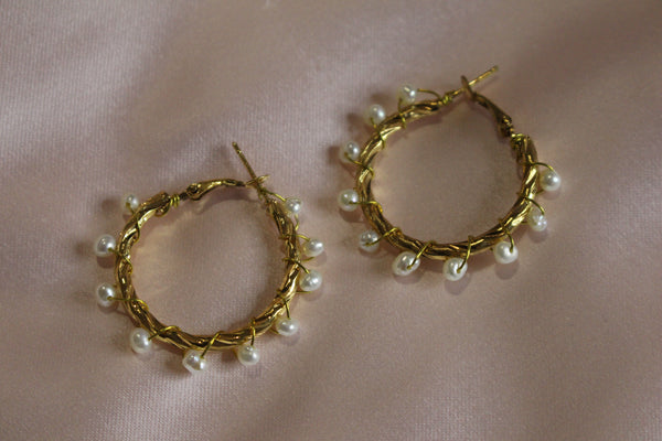 Freshwater pearl wired wrapped hoop earrings